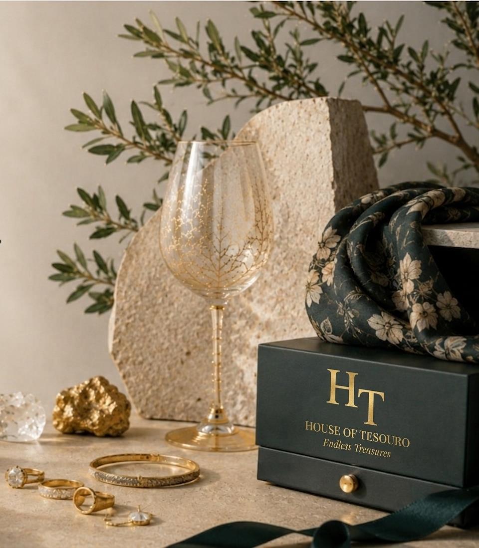 Precious metals, gold-infused glassware, diamonds, and luxury gifting boxes on an ivory marble surface at the House of Tesouro atelier