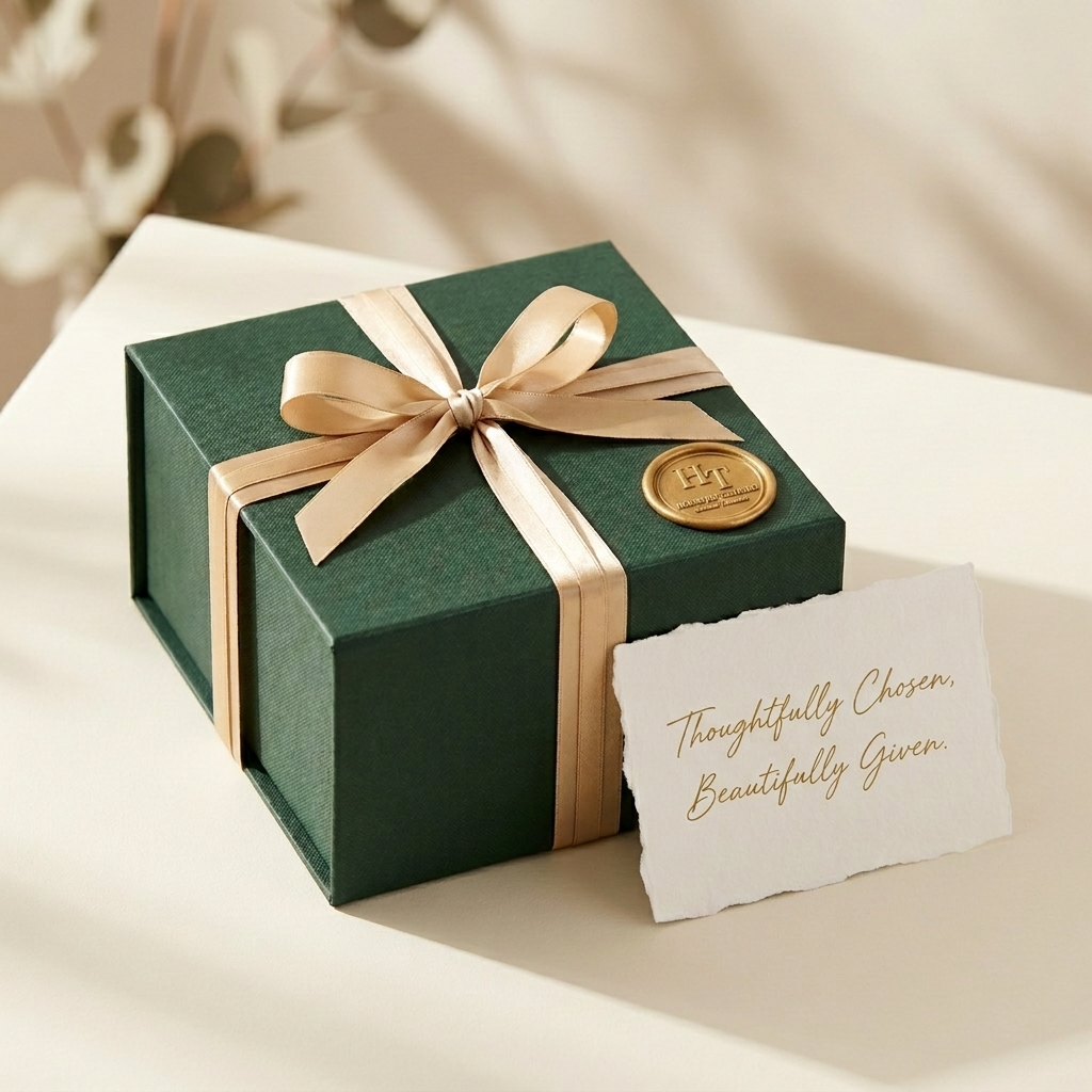 House of Tesouro bespoke green and gold gifting box tied with ribbon