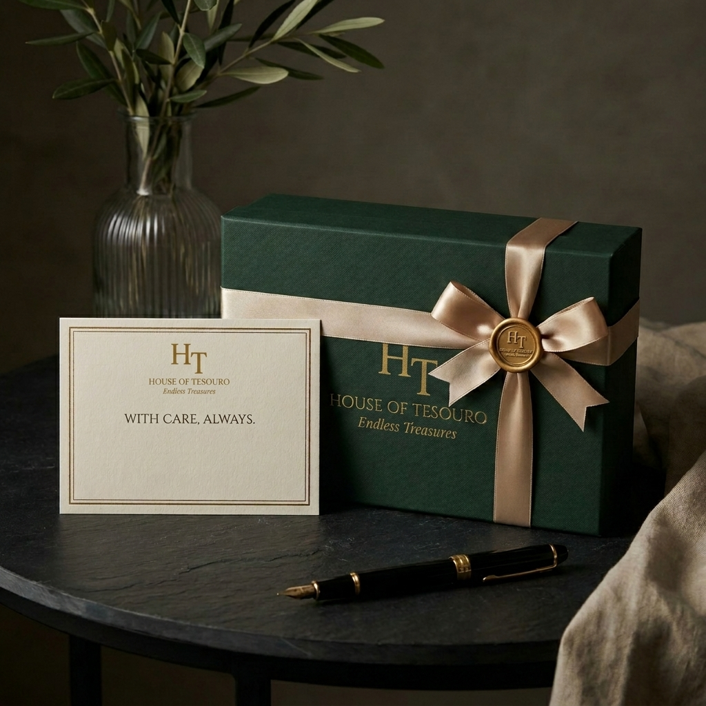 Luxury Gifting Concierge Presentation with deep forest green box and gold ribbon.
