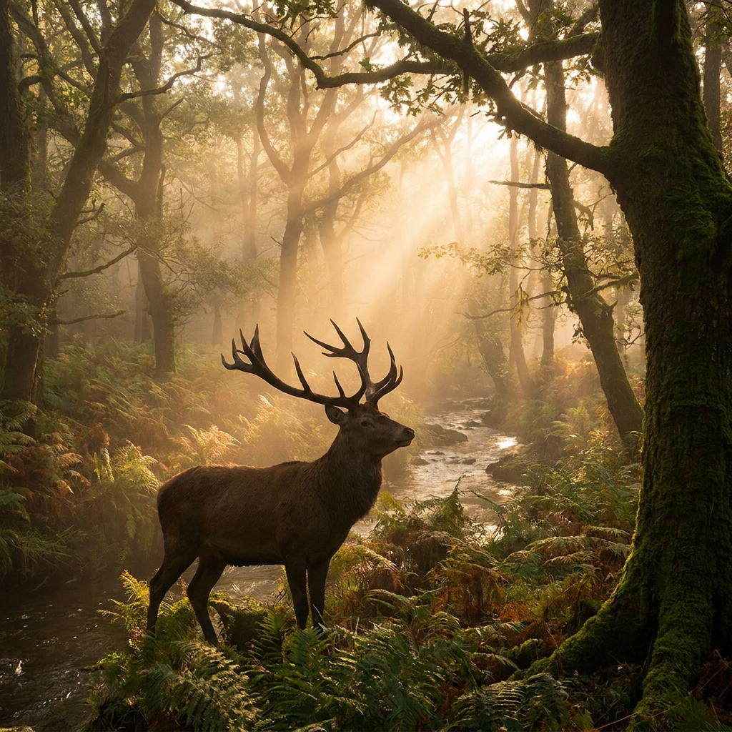Majestic deer standing in a sunlit forest landscape representing our commitment to wildlife